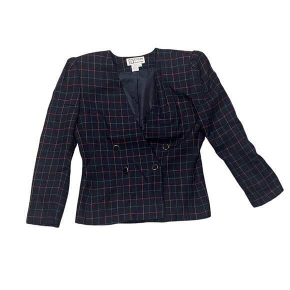 Atrium Collection Jackets & Blazers - Atrium Collection Womens Plaid Blazer 7/8 Double-Breasted Rayon & Polyester Navy